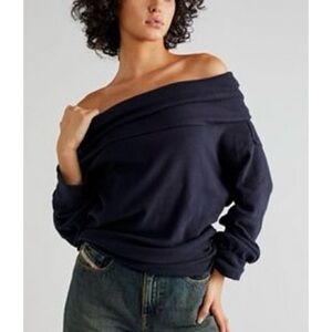 Hazy Heart Thermal; Off-Shoulder Navy Sweater